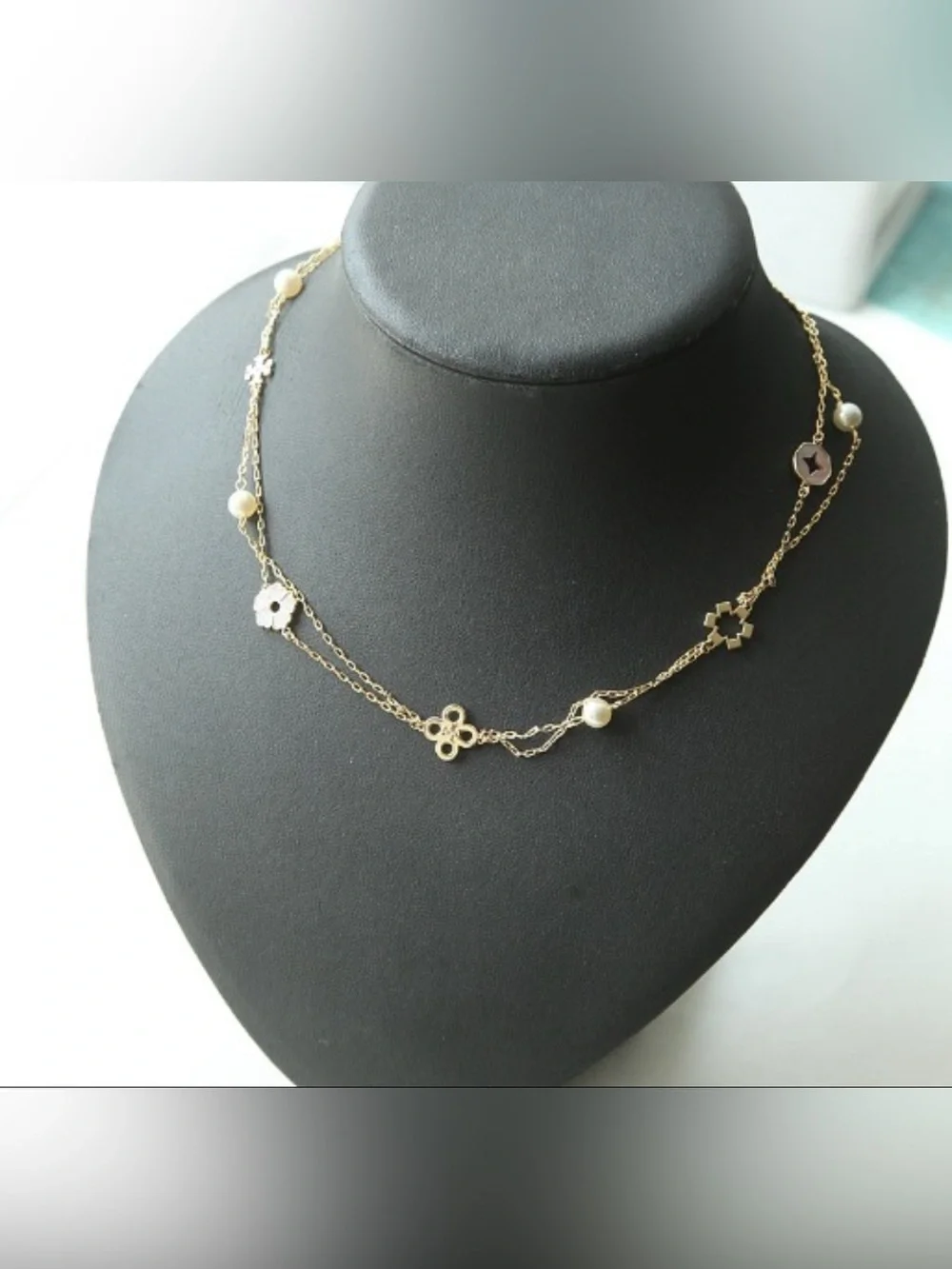 Tory Burch Gold Tone Multi-Station Floral & Pearl Necklace